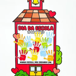 Cartaz colorido do Dia da Escola com mãos pintadas e escola ilustrada.