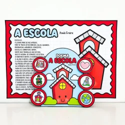 Cartaz escolar com poema e ilustrações de casas e crianças.