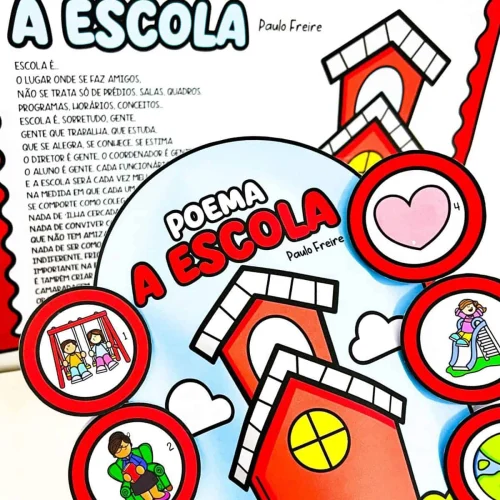 Ilustração de escola com elementos de poesia e amizade para educação infantil.