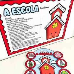 Cartaz com poema sobre a escola e ilustrações coloridas para educação infantil.