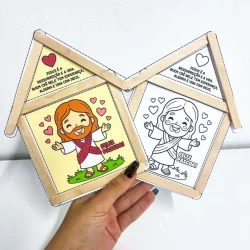 Casinha de Páscoa de Jesus com desenhos coloridos e em preto e branco.