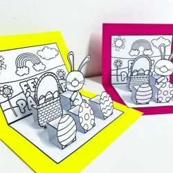 Cenário de Páscoa com coelhinhos e ovos para colorir.