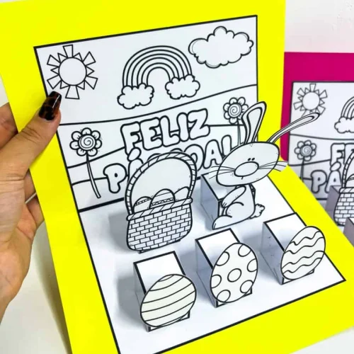 Cenário de Páscoa com coelho, ovos e arco-íris para colorir.