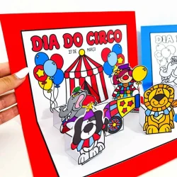 Cenário do Dia do Circo com animais e palhaços coloridos.