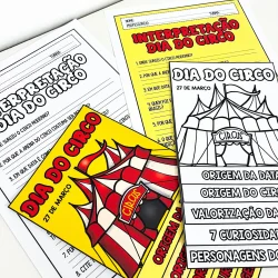 Material didático sobre o Dia do Circo com imagens de tenda circense e personagens.
