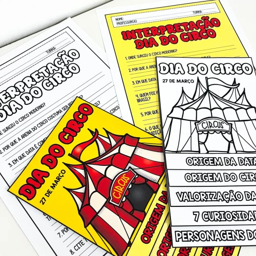Material didático sobre o Dia do Circo com imagens de tenda circense e personagens.