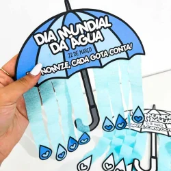 Arte educativa sobre o Dia Mundial da Água com guarda-chuva e gotas de água.