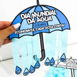 Arte educativa sobre o Dia Mundial da Água com guarda-chuva e gotas de água.