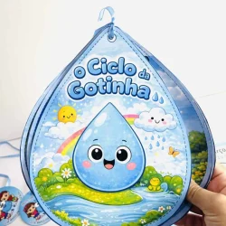 Ilustração de gotinha sorridente com elementos da natureza e arco-íris.