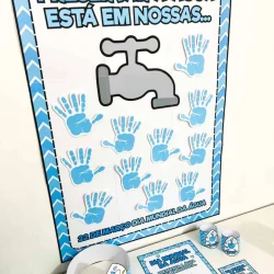 Cartaz de conscientização sobre a preservação da água com mãos e torneira.