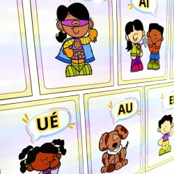 Ilustração de personagem de super-heroína com letras vocálicas U, A, I, E, O, UÉ, AU.