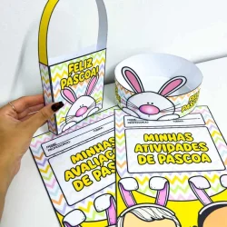 Caixa de Páscoa com atividades educativas para crianças.