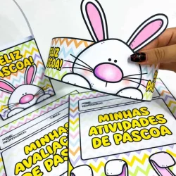 Copo com coelho de Páscoa e atividades educativas para crianças.