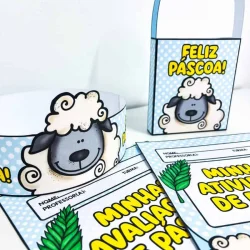 Itens de kit de Páscoa com ovelhas e mensagens religiosas.
