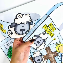 Material de Páscoa cristã com ovelha e cruz para atividades educativas.
