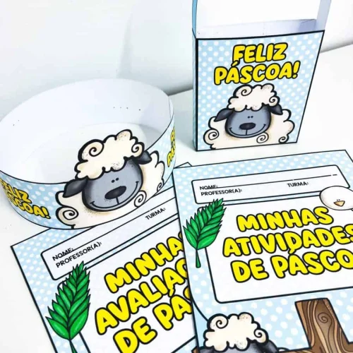 Itens de Páscoa cristã com ovelhas e atividades educativas.