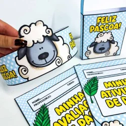 Itens de Páscoa com ovelhas fofas e mensagens de Feliz Páscoa.
