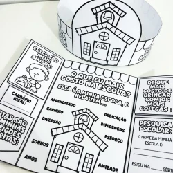 Lapbook com casa e perguntas sobre o dia da escola para crianças.