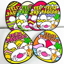 Ovos de Páscoa decorados com desenhos e mensagens de Feliz Páscoa.