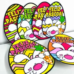 Ovos de Páscoa decorados com coelhos e mensagens de Feliz Páscoa.