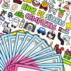 Ilustração de atividades com sílabas complexas para crianças.