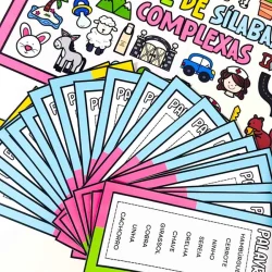 Material educativo de sílabas complexas com imagens e palavras.