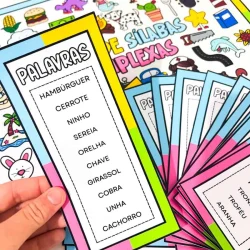 Cartelas de palavras com sílabas complexas para atividades educativas.