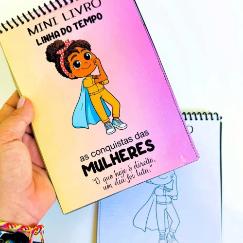 Capa do mini livro sobre conquistas das mulheres com personagem feminina.