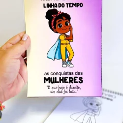 Capa de mini livro sobre conquistas das mulheres para educação.