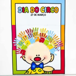 Cartaz colorido do Dia do Circo com palhaço e mãos pintadas.