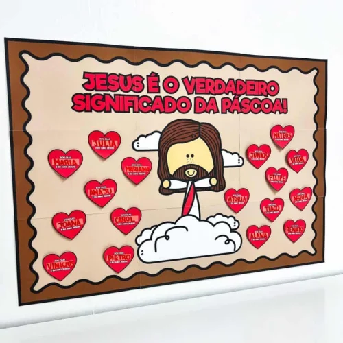 Ilustração de Jesus com corações representando nomes de santos e figuras religiosas.
