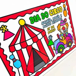 Cartaz colorido do Dia do Circo com palhaço e carrossel.