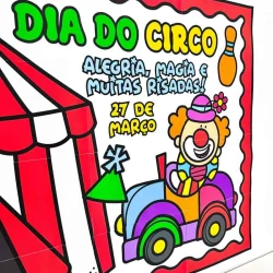 Painel colorido de circo com palhaço, carro e elementos circenses.