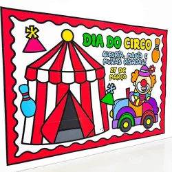 Painel colorido do Dia do Circo com palhaço e tenda.