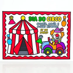 Painel colorido com circo, palhaço e carro de festa para o Dia do Circo.