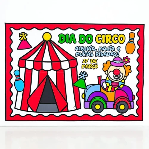 Painel colorido com circo, palhaço e carro de festa para o Dia do Circo.