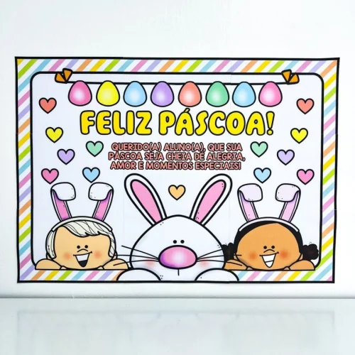 Cartaz colorido de Feliz Páscoa com desenhos de coelhos e ovos de Páscoa.
