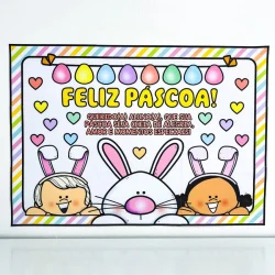Cartaz colorido de Feliz Páscoa com coelhos e ovos de Páscoa.