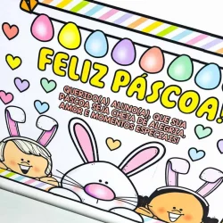 Cartaz de Páscoa com desenhos de coelhinhos e ovos coloridos.