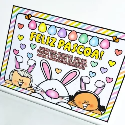 Cartaz colorido de Feliz Páscoa com coelhinhos e ovos de Páscoa.