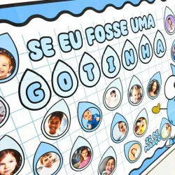 Painel educativo com fotos de crianças e gotas d'água para ensino infantil.