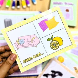 Imagem educativa com palavras que rimam com sofá e limão.