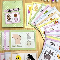 Material educativo de rimas com imagens de animais e objetos para crianças.