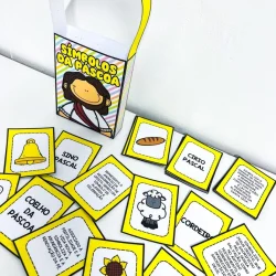 Cartaz com símbolos pascais e cartões explicativos para atividades educativas.