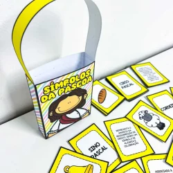 Sacola com símbolos pascais e cartões educativos para crianças.