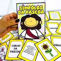 Cartaz com símbolo de Jesus e símbolos pascais para atividades educativas.