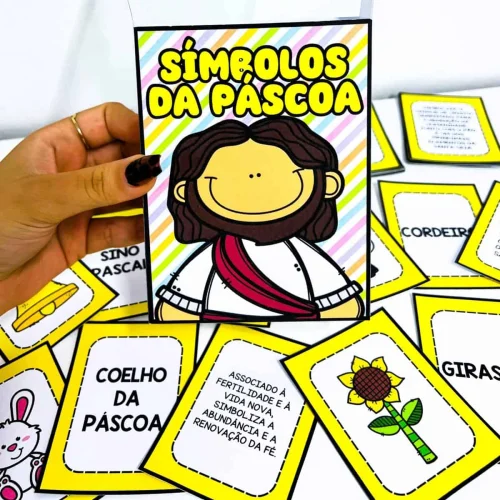 Cartaz com símbolo de Jesus e símbolos pascais para atividades educativas.