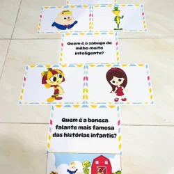 Cartões de perguntas e atividades para crianças sobre histórias e personagens.