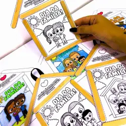 Atividade educativa para o Dia da Família com desenhos de uma casinha.