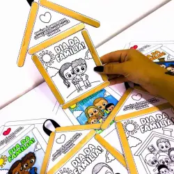 Atividade de colorir para o Dia da Família com casinha e personagens.